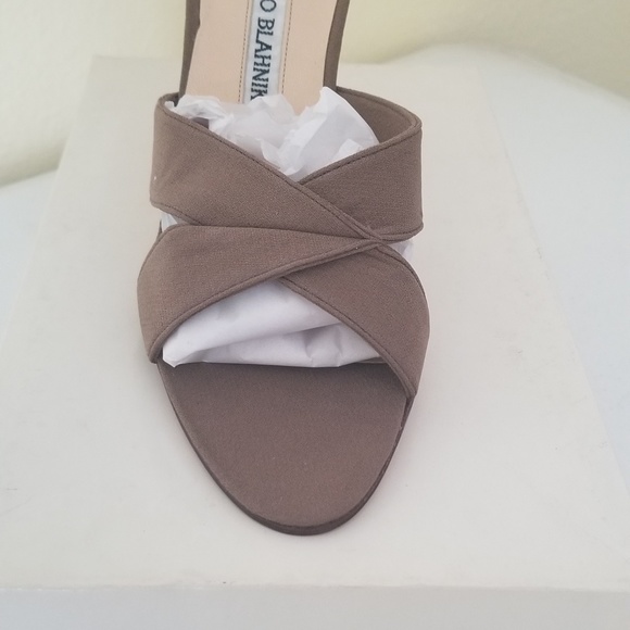 Manolo Blahnik Shoes - Manolo Blahnik Taupe Cross-Strap Satin Heels